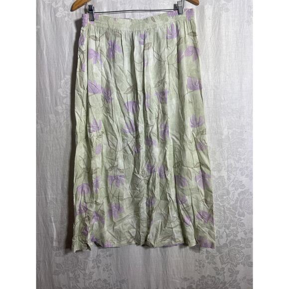 Vintage Maxi Skirt Large Green Purple Pastel Floral Elastic Waist Pull On - Picture 7 of 10